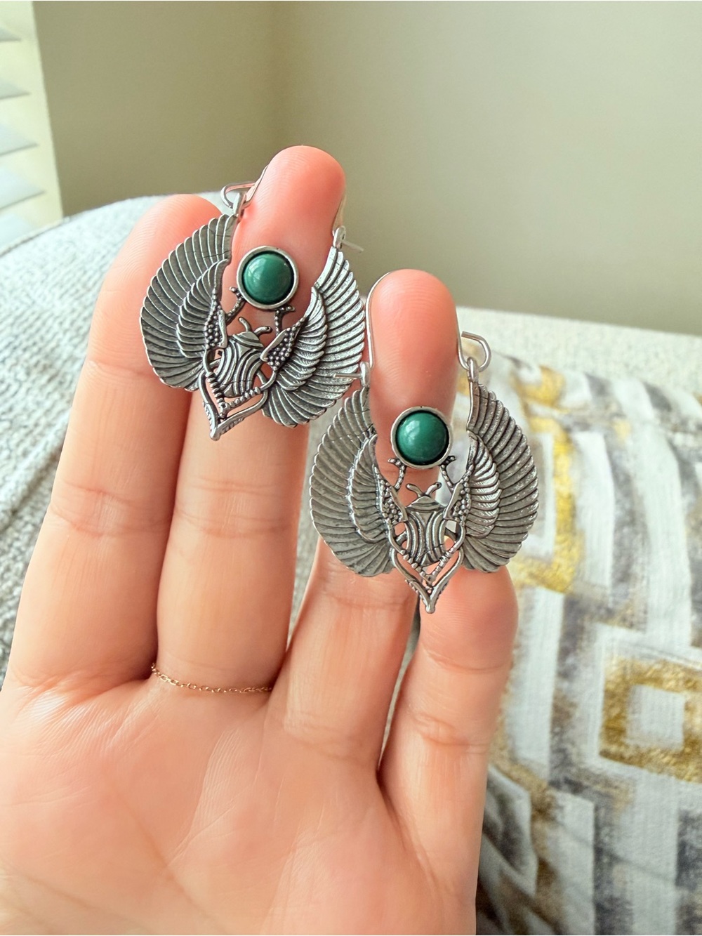 Silver Winged Drop Earrings with Green Stone -  Jewelry - Picture 9 of 9